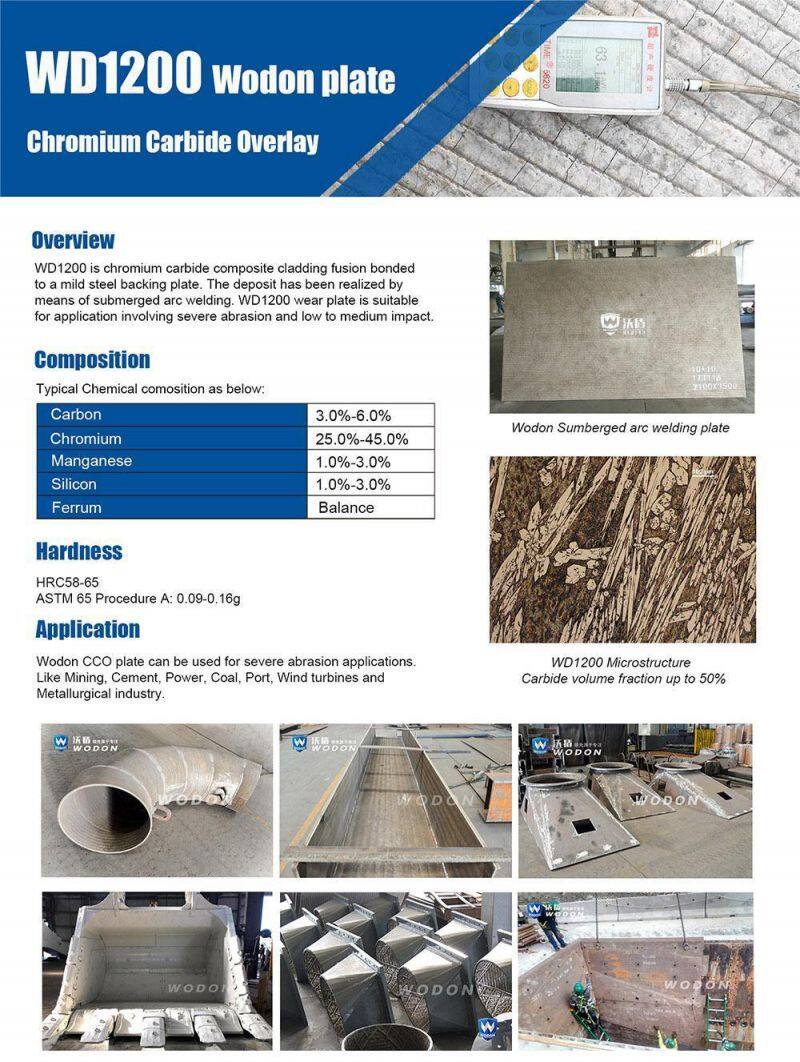 Wodon factory chromium carbide overlay with high HRC 58-65 CCO wear plate (WD1200 series)