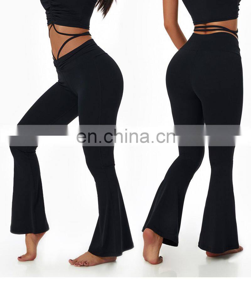 Wholesale Yoga Adjustable Fold Waist Flare Pants Butt Lift Workout Sports Leggings