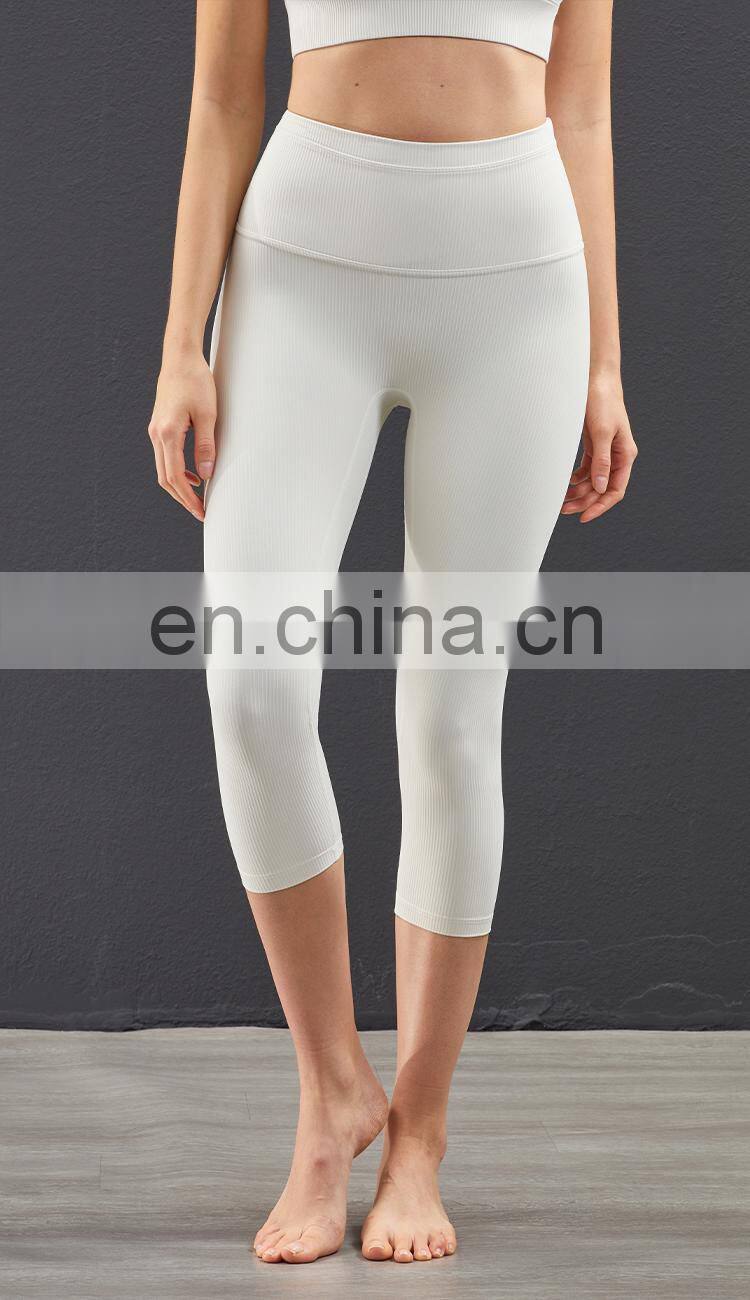Hot Ribber Fabric Capri Sport Legging High Waist Women Yoga Pants Splice Color OEM