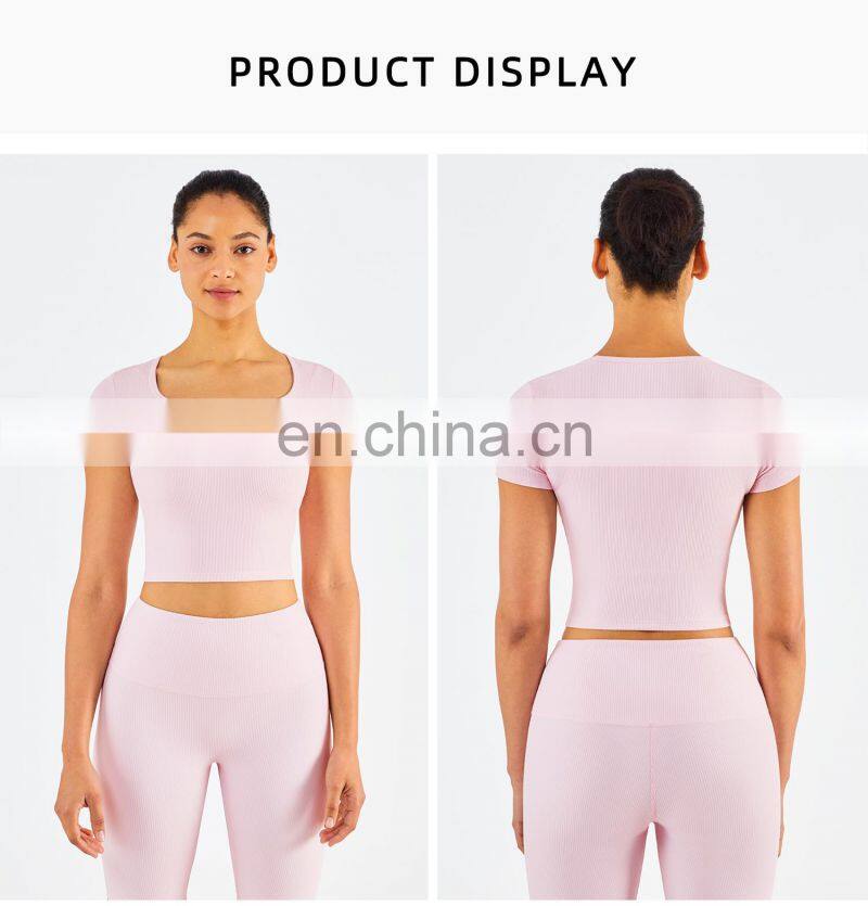 Ribbed Fabric Square Neckline Short Sleeve Gym Tops Slim Fit Plus Size Women's T-Shirts