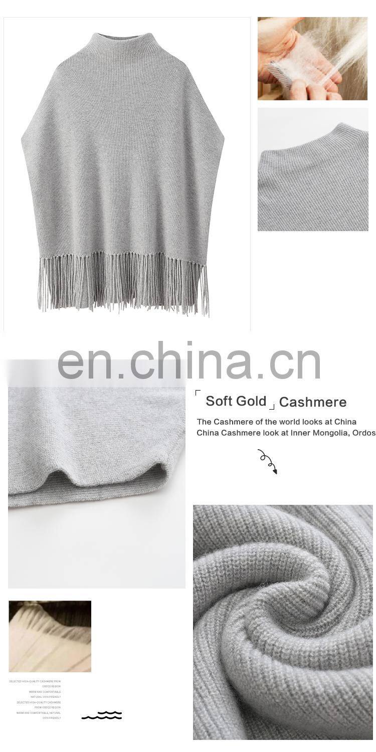 Wholesale Luxury 100% Cashmere Poncho Spring Autumn Solid Knitted Tassels Sweater with Turtleneck Streetwear Style Front Logo