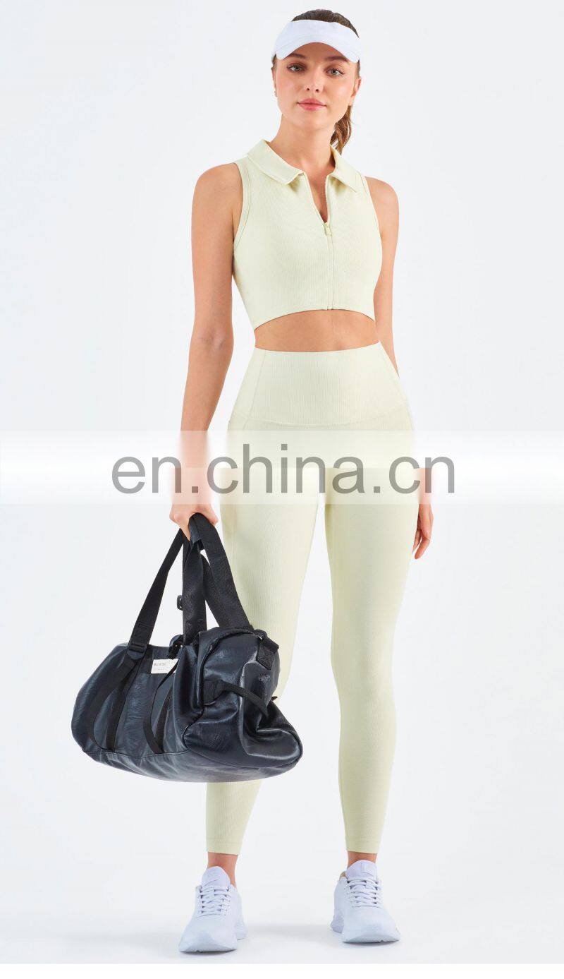 Workout Outfits Sports Ribbed Golf Polo Padded Bra Tank Top Yoga Legging Set Womens