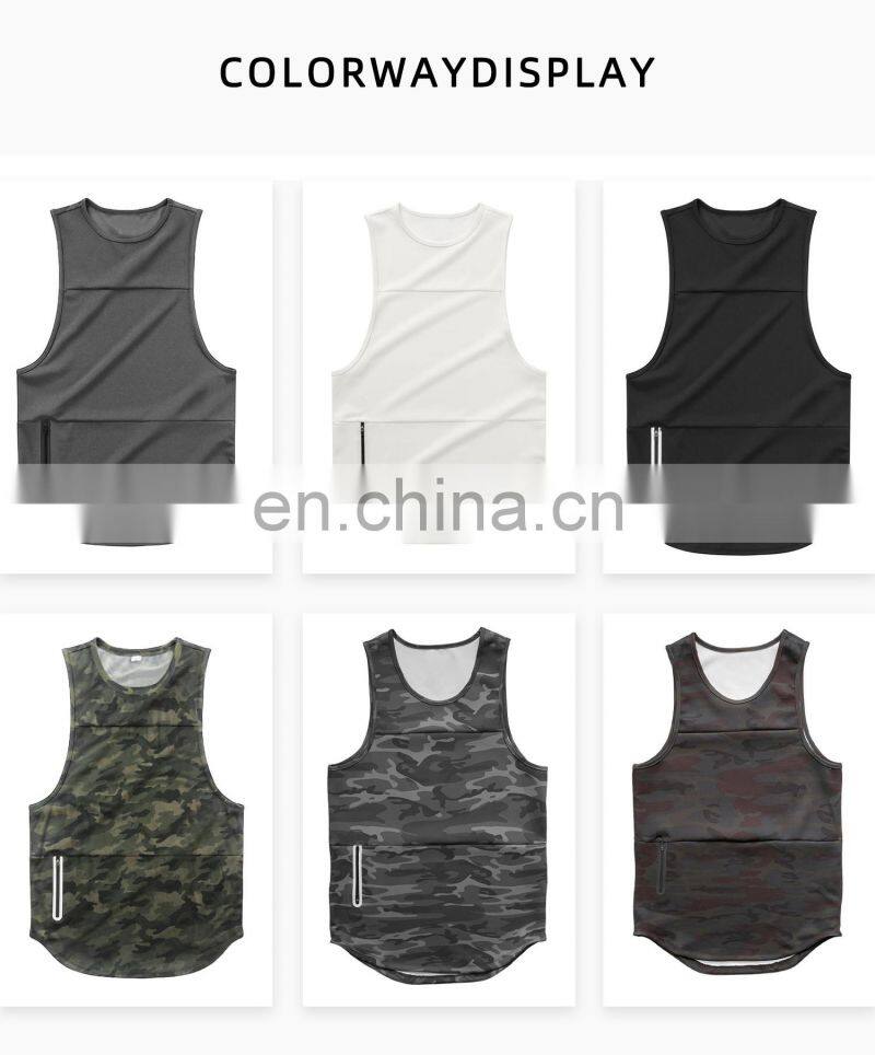 Polyester Oversized Mens Tank Tops Zip Pockets Workout Oem Bodybuilding Gym Shirts
