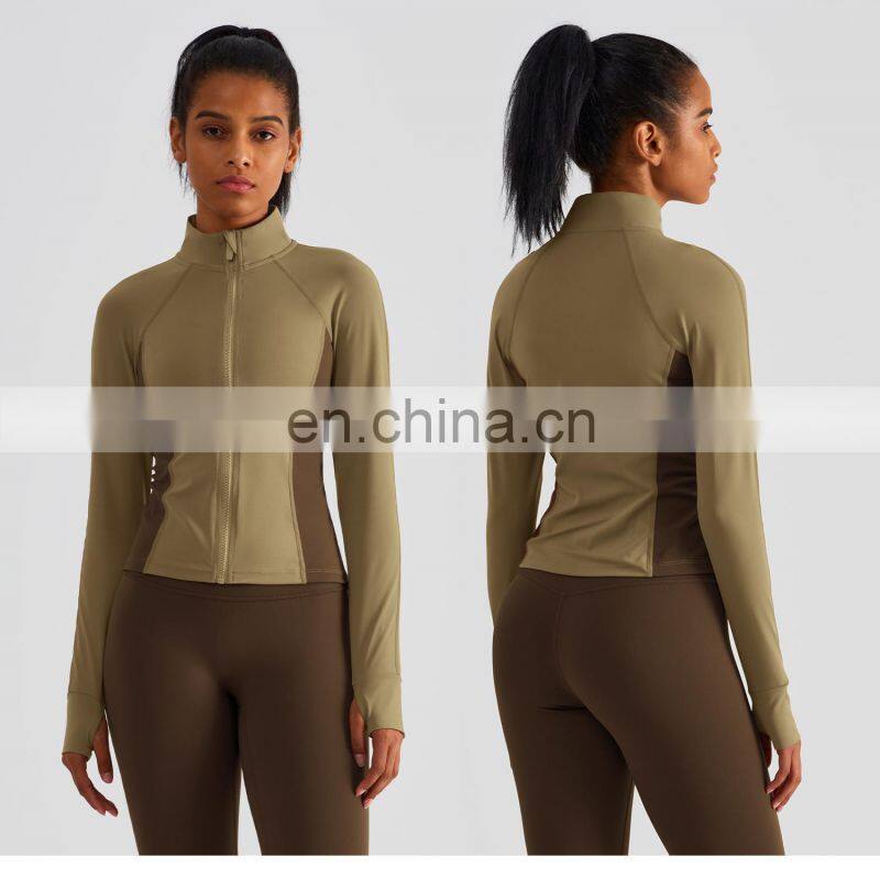 Contrasting Colors Silm Women Yoga Outdoor Jackets Custom Zipper Long Sleeves Sports Wear