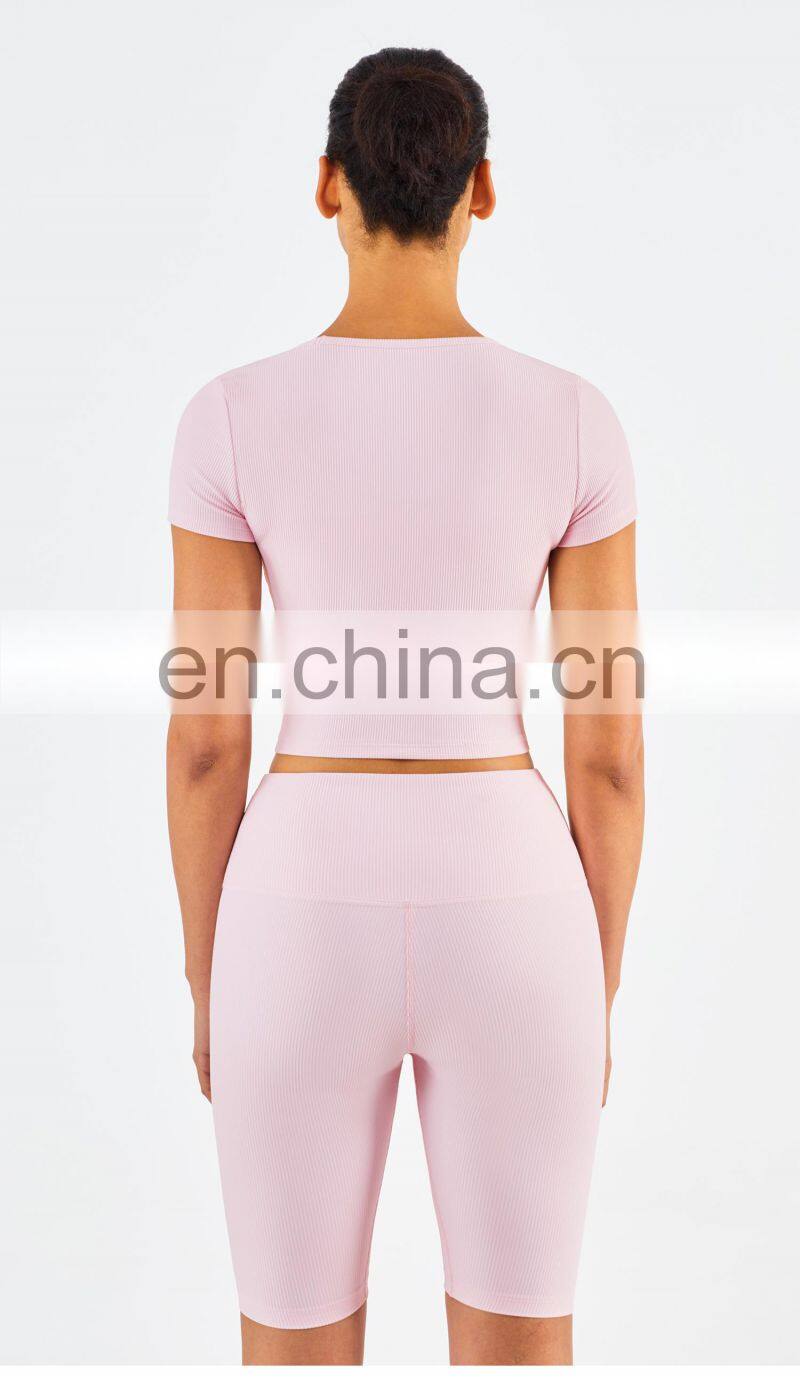 Ribbed Fabric Square Neckline Short Sleeve Gym Tops Slim Fit Plus Size Women's T-Shirts