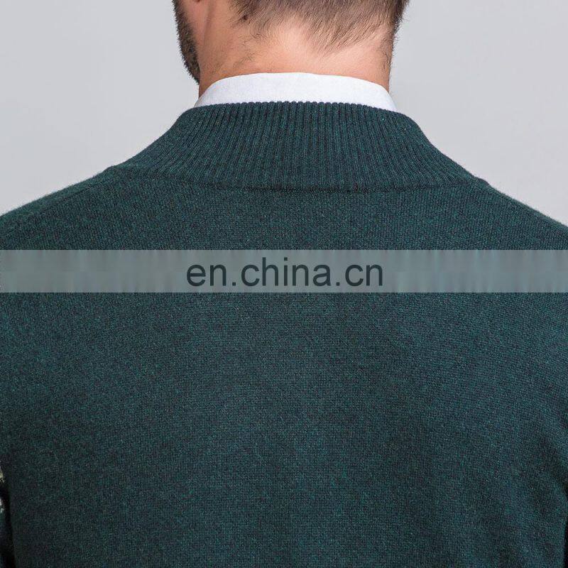 Men's Casual Merino Wool Cardigan Sweater Long Sleeve Jacquard Knitted Jacket with Crew Neck and Zipper Winter Season Wear