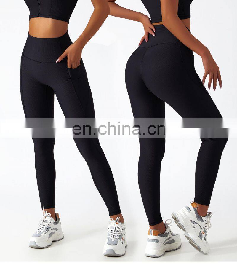 Women Ribbed High Waist Yoga Pants Wholesale Side Pockets Sport Fitness Leggings