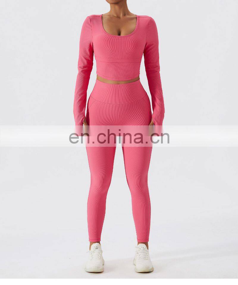 Ribbed 2 In 1 Piece Long Sleeve Yoga Crop Tops Wholesale Womens Square Neck Sports Bras