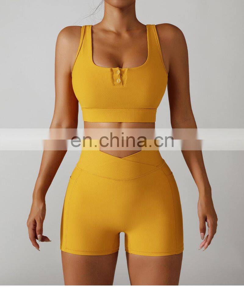 Sexy Ribbed Front Buttons Yoga Bras Factory Sale High Impact Sports Shockproof Crop Tops