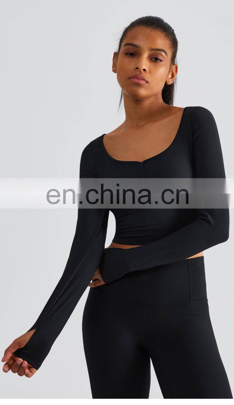 Ribbed Custom Semi Fixed Cups Yoga Crop Tops Long Sleeve High Impact Women Sports Bras