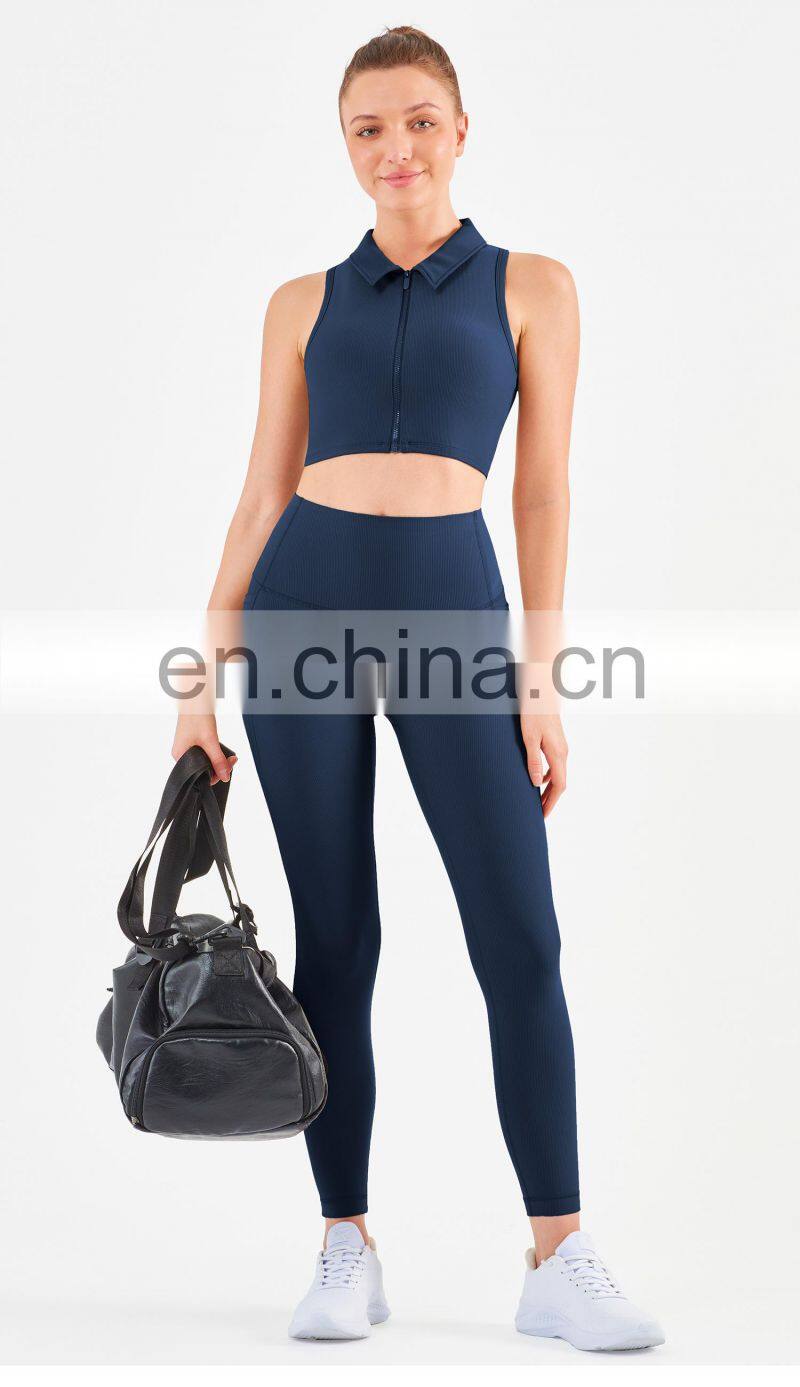 Workout Outfits Sports Ribbed Golf Polo Padded Bra Tank Top Yoga Legging Set Womens