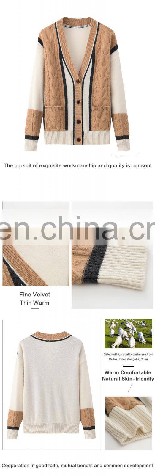 Fast Delivery Casual Women's Thick Winter V-Neck Cable Knitted Cashmere Cardigan Sweater Decorated with Button Solid Pattern