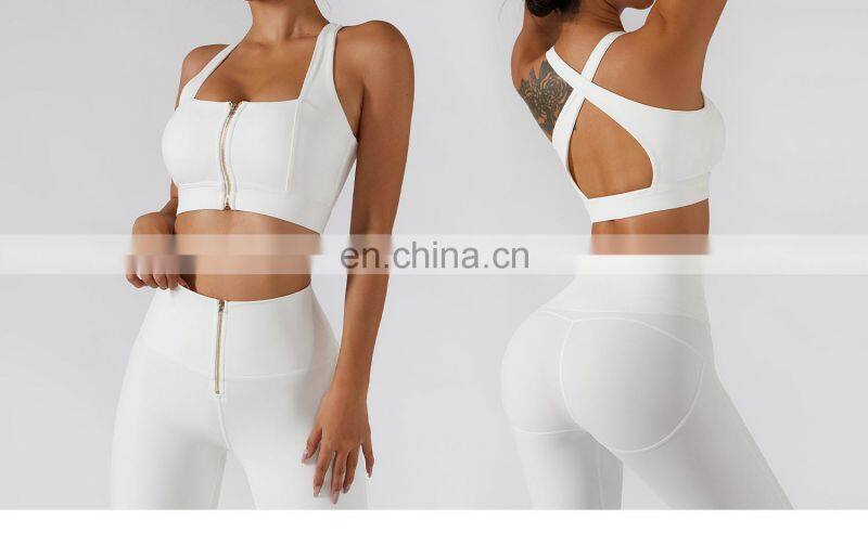 Custom Sexy Front Zip Women Gym Sports Bras Hollow Cross Backless Fitness Yoga Tops