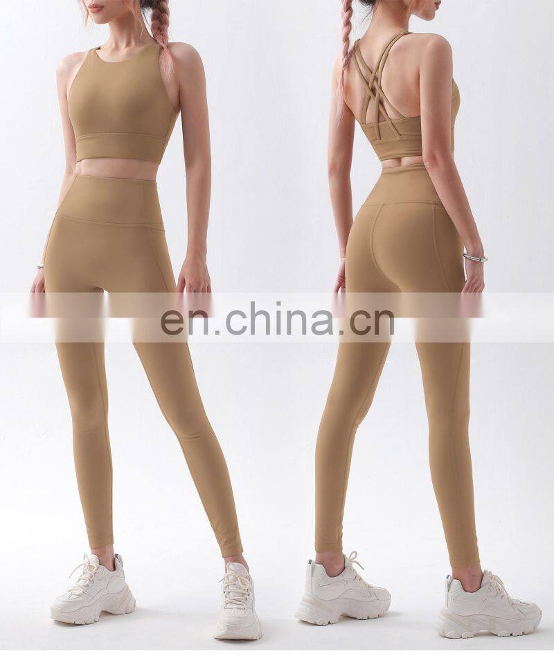 2 Pcs Fleece Yoga Sets Backless Sport Bra Gym High Waist Leggings For Women