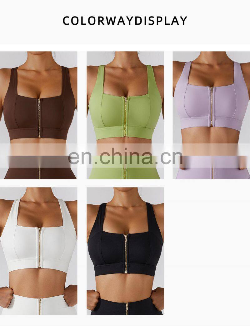 Custom Sexy Front Zip Women Gym Sports Bras Hollow Cross Backless Fitness Yoga Tops