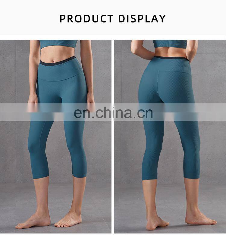 Hot Ribber Fabric Capri Sport Legging High Waist Women Yoga Pants Splice Color OEM