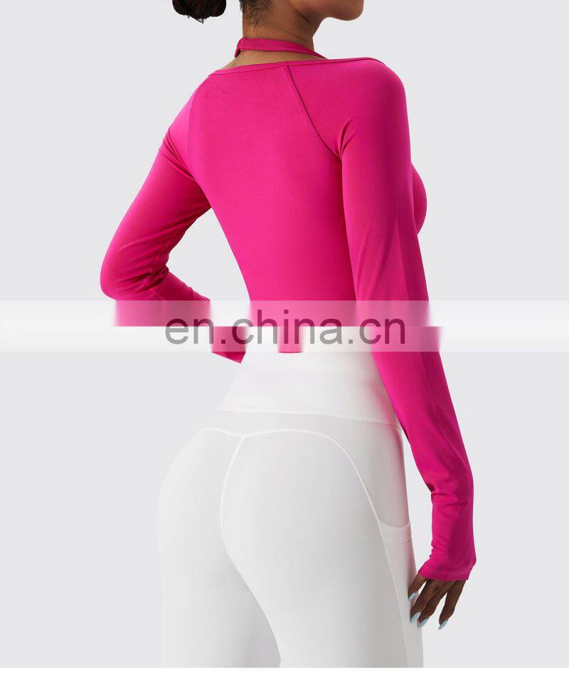 Sexy Halter Neck Long Sleeve Tshirts Women Custom Logo Sports U Hem Skinny Thumb Hole Tops