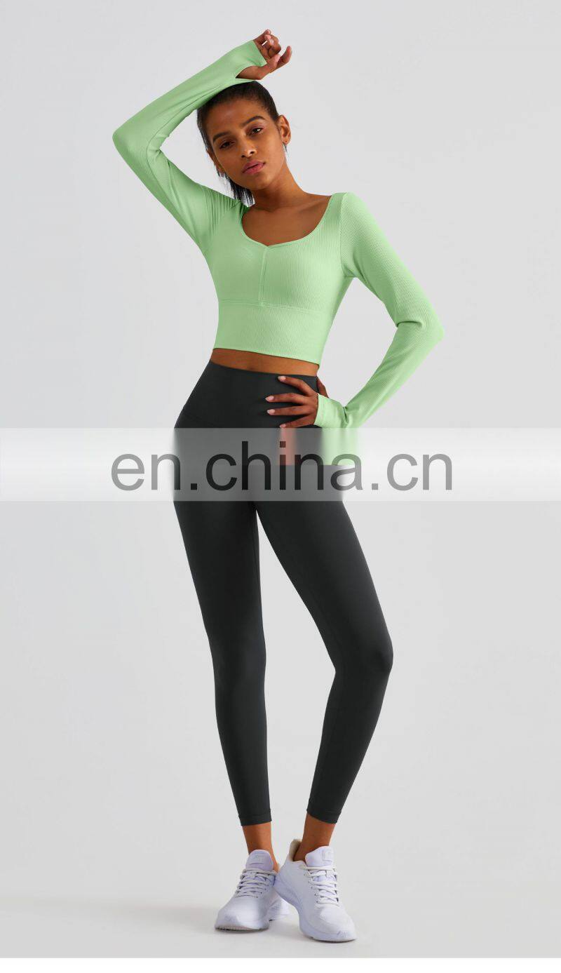 Ribbed Custom Semi Fixed Cups Yoga Crop Tops Long Sleeve High Impact Women Sports Bras