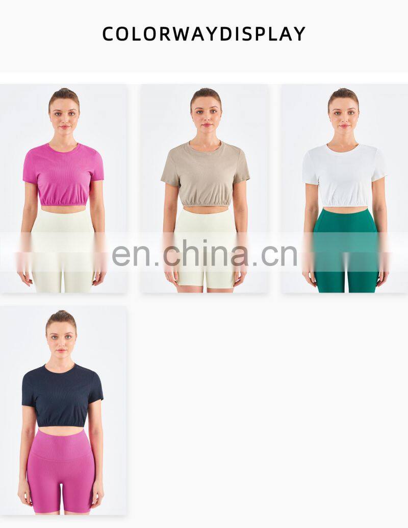 New Double Ribbed Loose Women's T Shirts With Elastic Hem Yoga Fitness Short Sleeve Crop Top