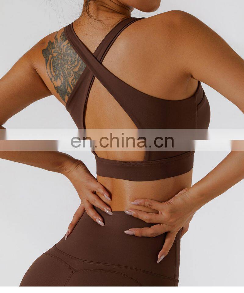 Custom Sexy Front Zip Women Gym Sports Bras Hollow Cross Backless Fitness Yoga Tops