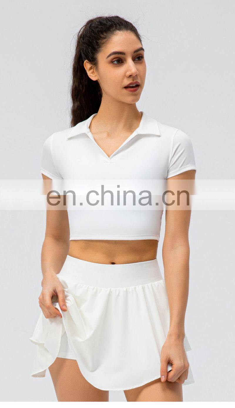 2022 Ladies short sleeve Cropped Collar Top Activewear Slim Fit Outfits Women Pleated Golf Tennis Short