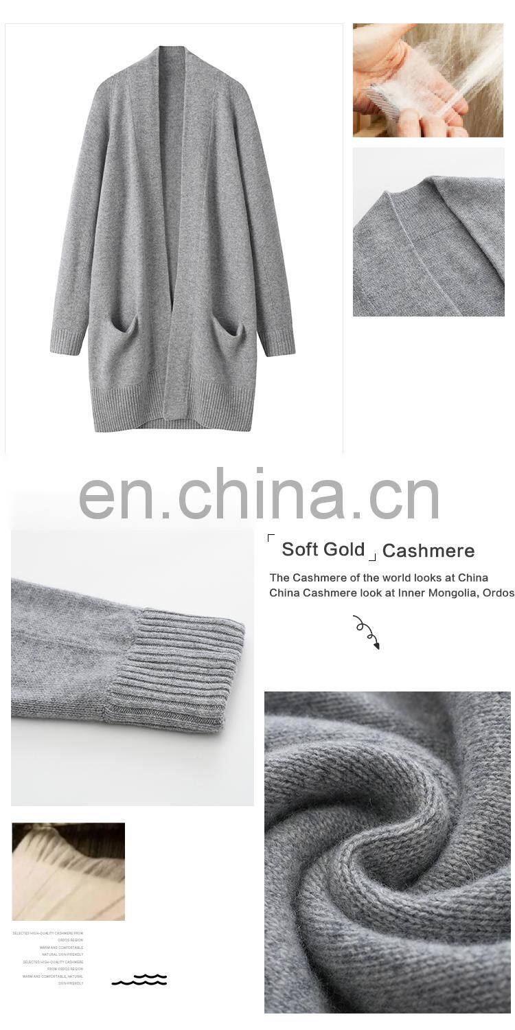 Autumn Winter 100% Pure Cashmere Sweater Front Open Long Cardigan with Pockets Knitted Casual Style Solid Pattern Coat