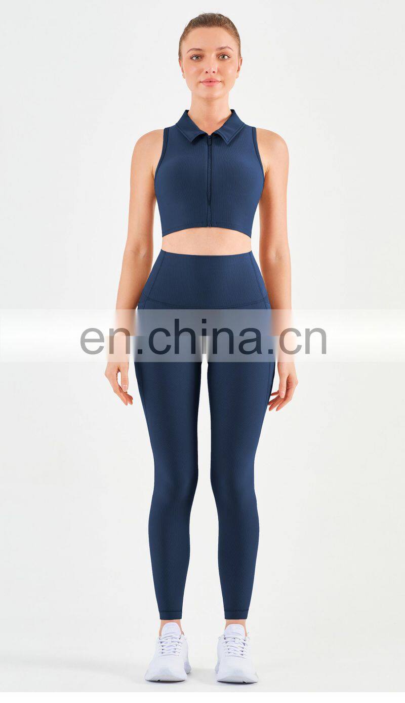 Workout Outfits Sports Ribbed Golf Polo Padded Bra Tank Top Yoga Legging Set Womens