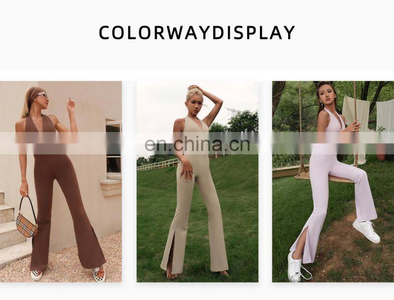 Women Sexy Halter One Piece Yoga Jumpsuits Custom Backless Sports Bodysuit Flared Leggings