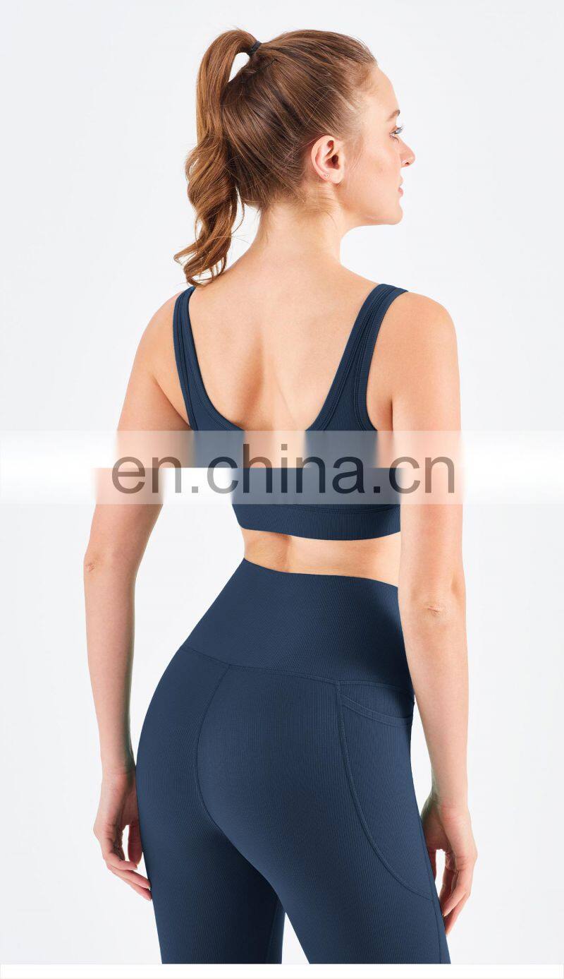 Wholesale Ribbed Covered Sports Bra High Impact Women Fitness Yoga Bra Side Gather
