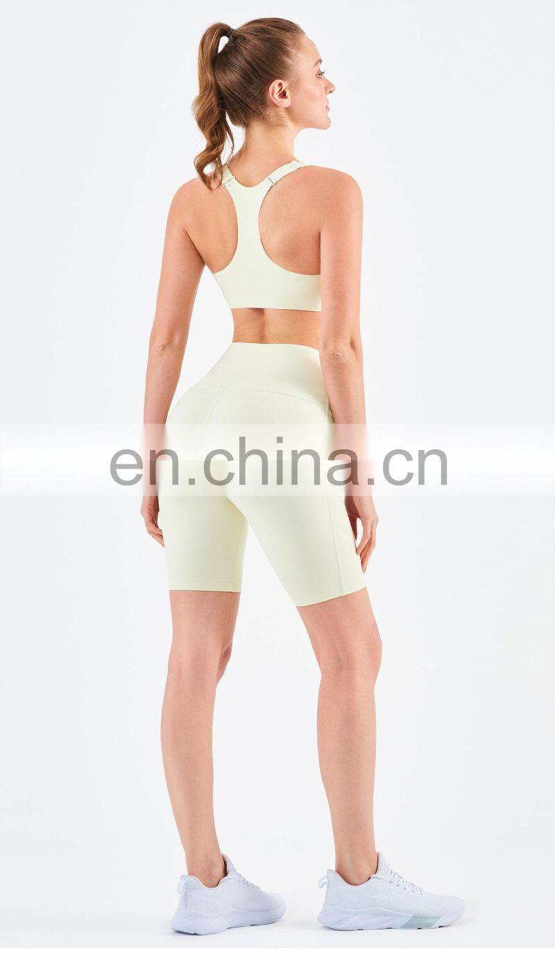 Tik Tok High Elastic Front Zipper Sport Bra Biker Shorts Sets Women Fitness Yoga Wear