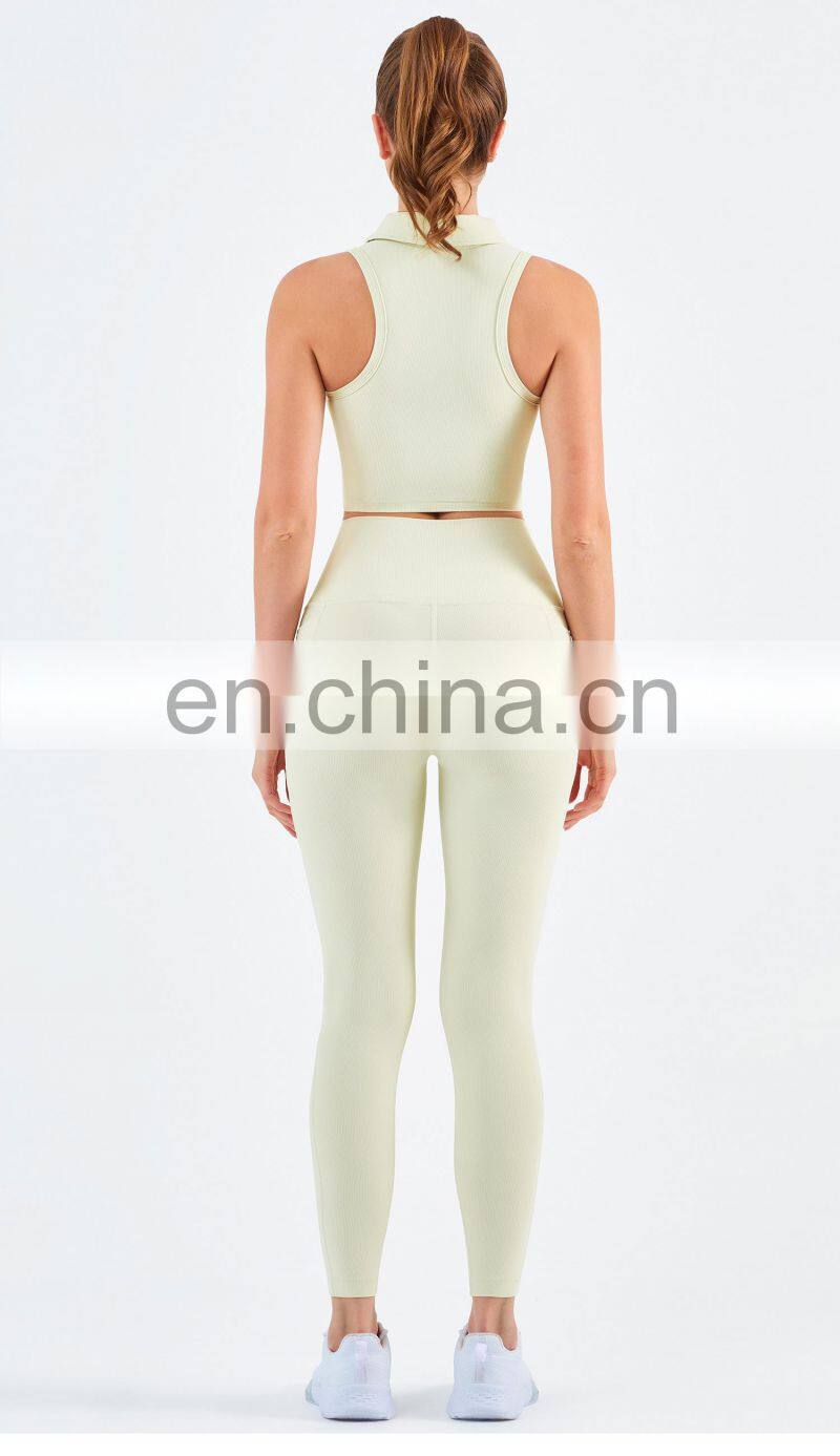 Workout Outfits Sports Ribbed Golf Polo Padded Bra Tank Top Yoga Legging Set Womens