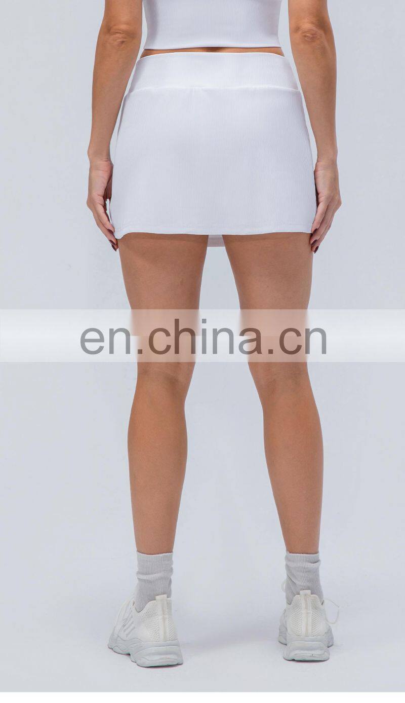 New Rib Two Piece Anti-Glare High Waist Sports Women Fitness Golf Tennis Skirts With Pockets