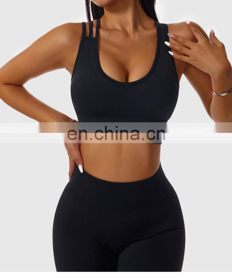 Custom Women Cross Back Push Up Sports Bras Fitness U Neck Hollow Crop Yoga Tops