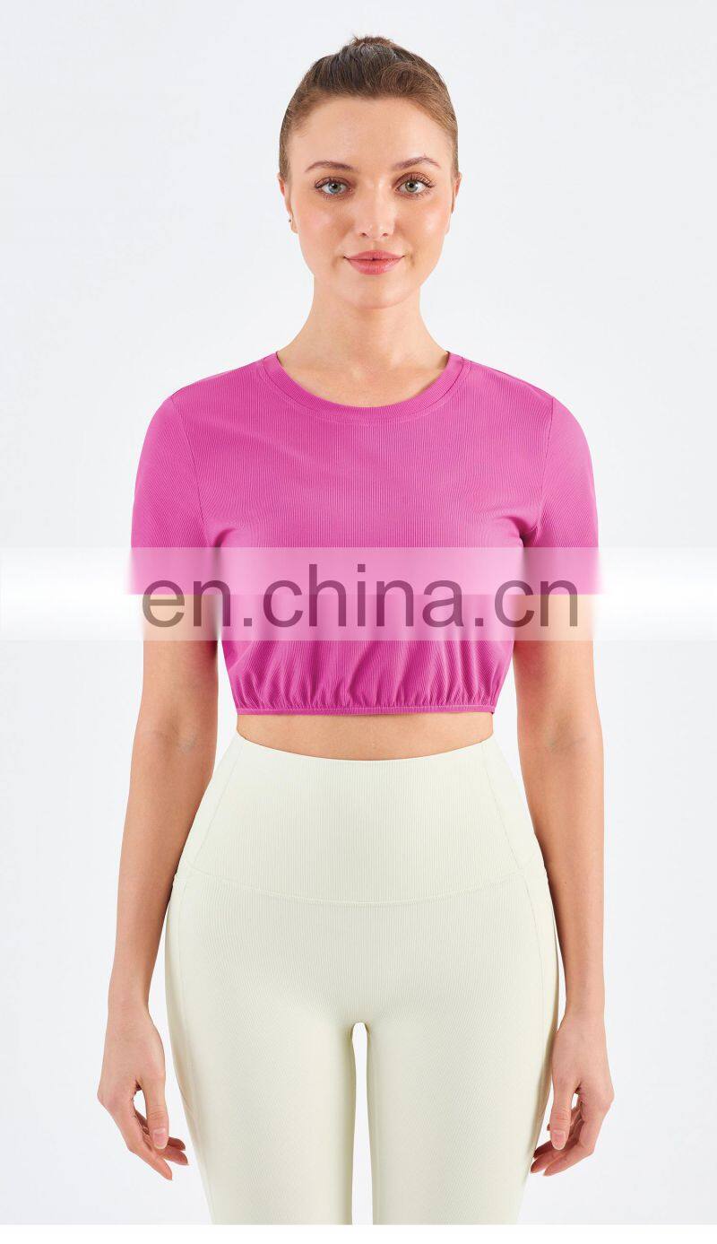 New Double Ribbed Loose Women's T Shirts With Elastic Hem Yoga Fitness Short Sleeve Crop Top