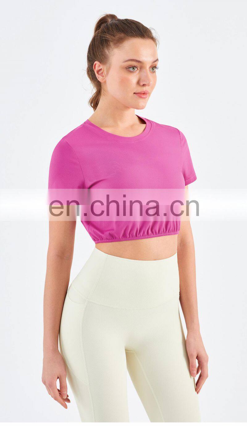 New Double Ribbed Loose Women's T Shirts With Elastic Hem Yoga Fitness Short Sleeve Crop Top