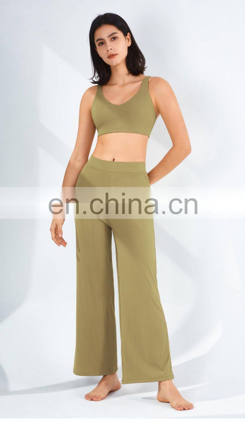 Two Piece Rib Women Workout Sets Sexy Back Sports Bra High Waist Oem Gym Pants
