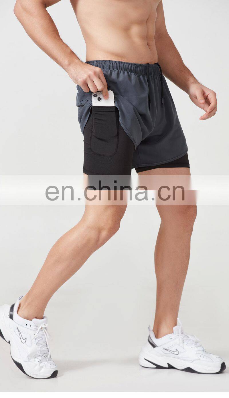 2022 Summer Men Gym Short Polyester 2 In 1 Sweat Shorts With Pocket For Men