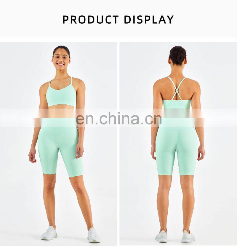 Ribbed Seamless Yoga Short Set Women Summer Activewear Sports Fitness Gym Yoga Bra Cross Back