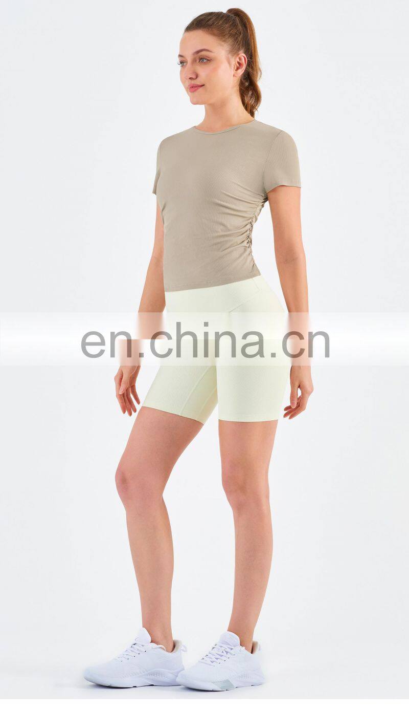 Women Ribbed Short Sleeve Slim Fit T-Shirt And Short Yoga Set Sport Fitness Suit