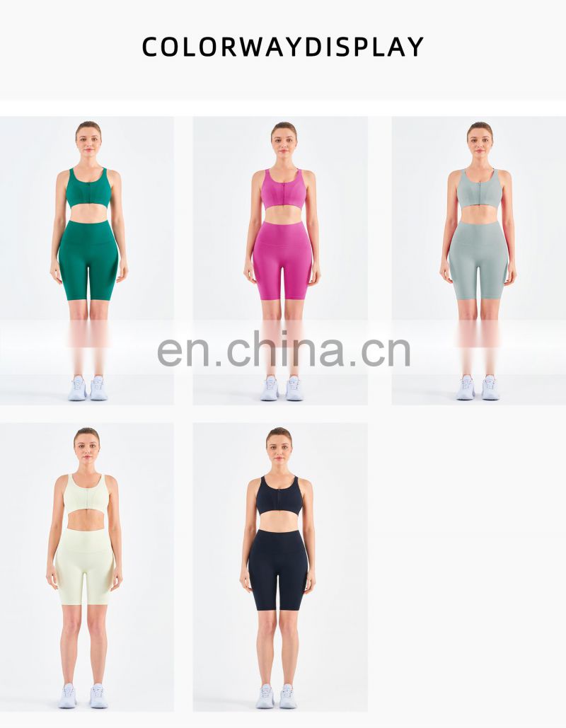 Tik Tok High Elastic Front Zipper Sport Bra Biker Shorts Sets Women Fitness Yoga Wear