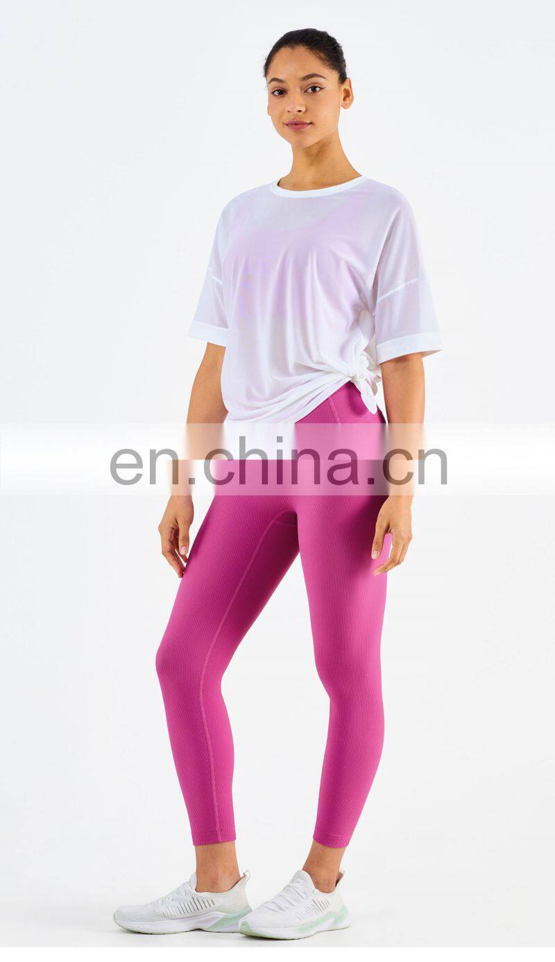 Side Waist Slit Design Mesh Sports Gym T Shirt Fashion Girl Yoga Short Sleeve Eco Fabric