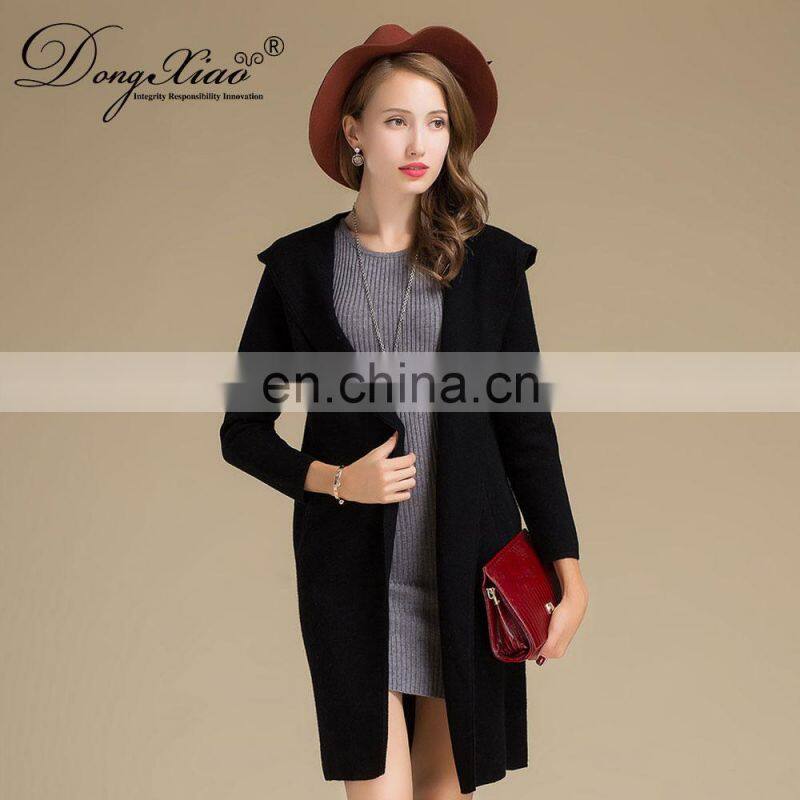 High Quality 100% Cashmere Knitted Coat Long Hooded Cardigan with Casual Style Solid Pattern for Winter Season