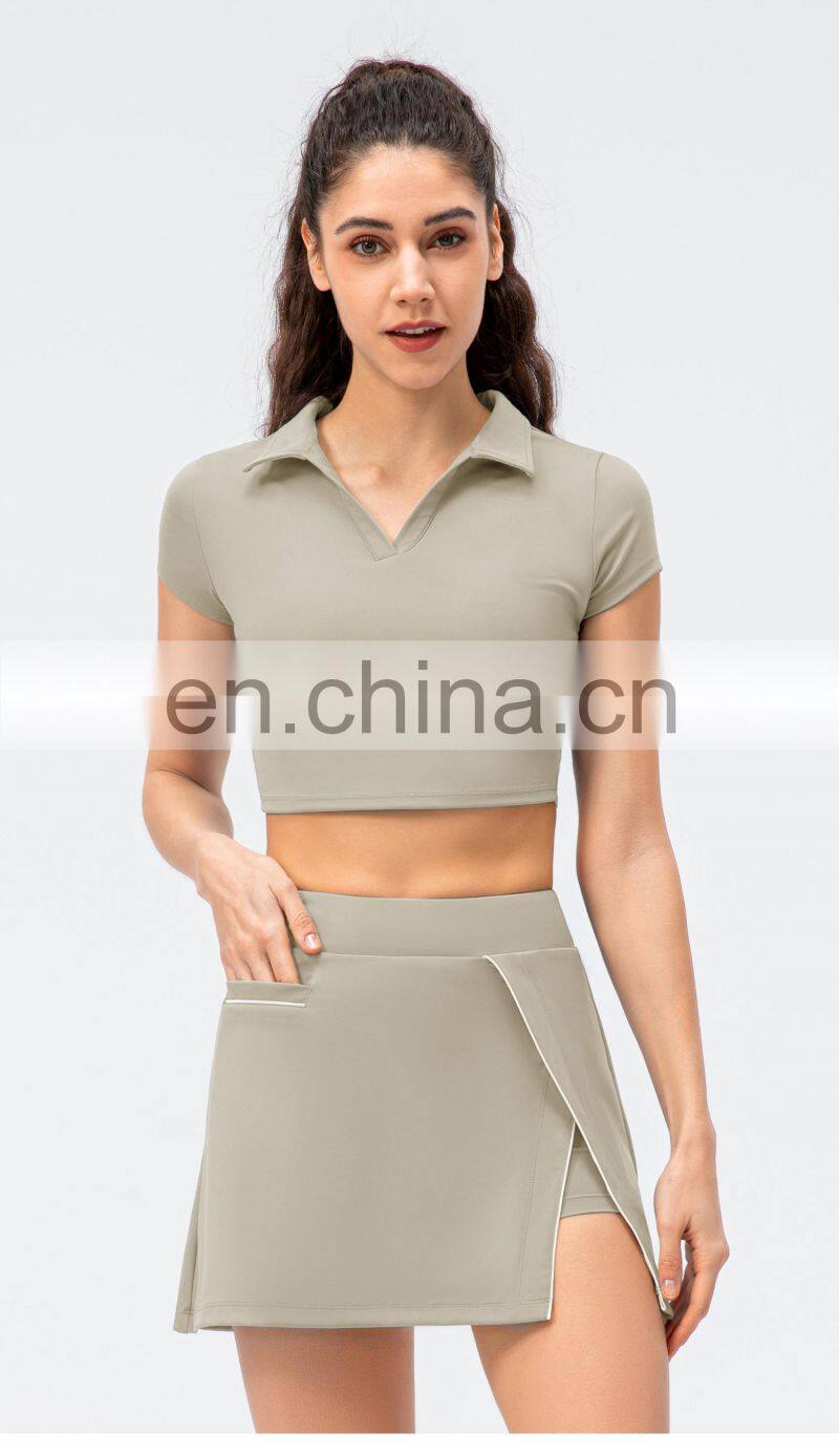 2022 Ladies short sleeve Cropped Collar Top Activewear Slim Fit Outfits Women Pleated Golf Tennis Short