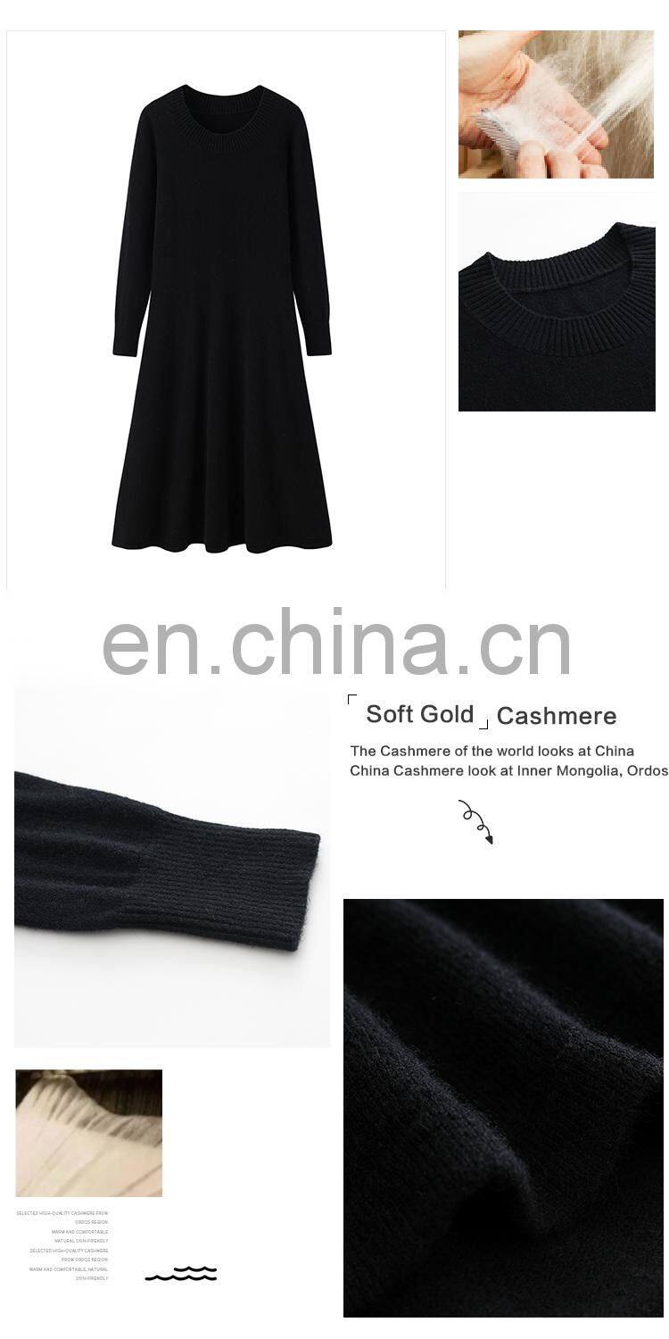 New Arrival Women's Crew Neck Casual Pure Cashmere Dress High Quality Knee-Length Knitting Fabric Breathable Natural Autumn