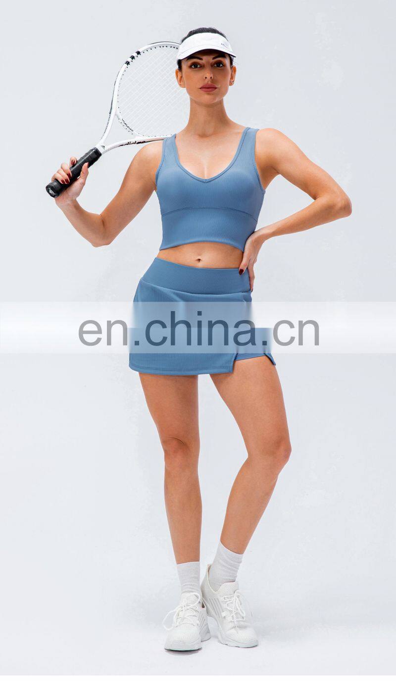 New Rib Two Piece Anti-Glare High Waist Sports Women Fitness Golf Tennis Skirts With Pockets