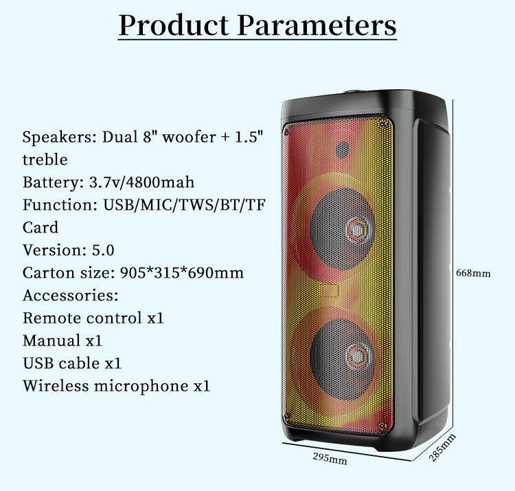 ZQS8215 Karaoke deep bass 40W power dual 8 inch speaker wireless party speaker for outdoor