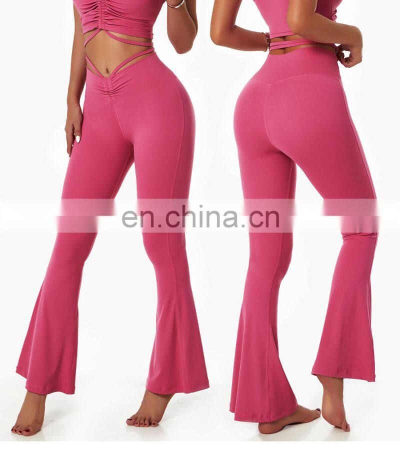Wholesale Yoga Adjustable Fold Waist Flare Pants Butt Lift Workout Sports Leggings