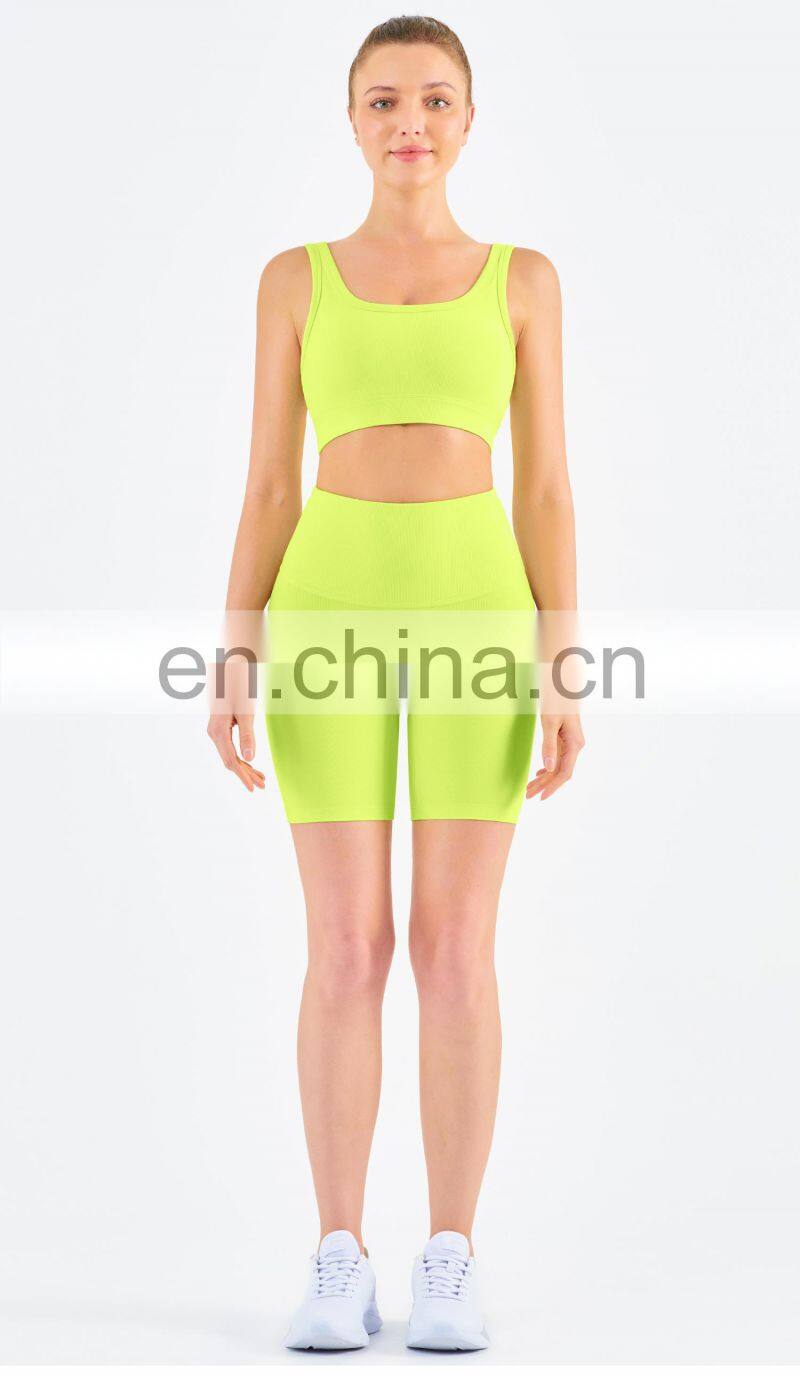 Athletic Ribbed Yoga Fitness Women Square Neckline Sports Bra Biker Shorts Set Gym