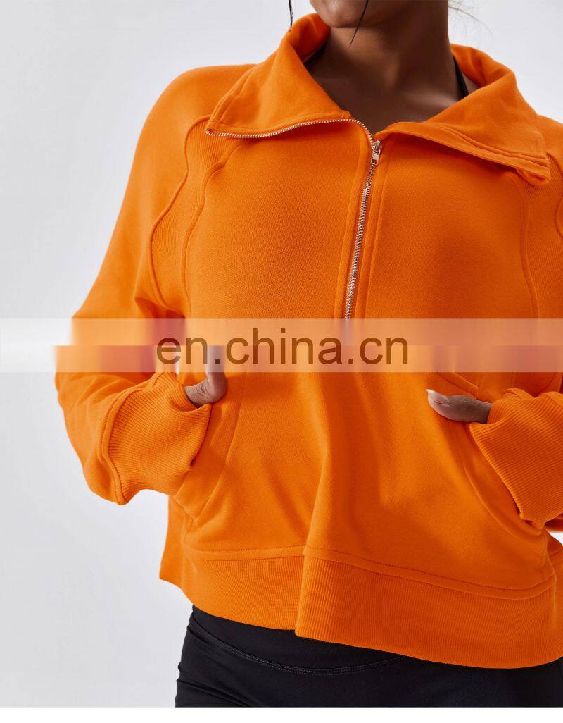 Factory Sale Half Zip Crop Pullover Womens Long Sleeve Stand Neck Hoodies With Pocket