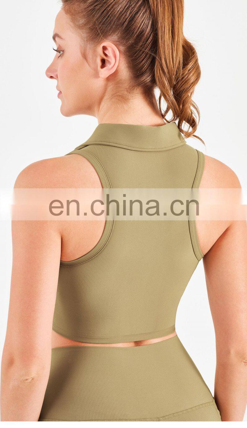 Designer Polo Ribbed Sports Bra With Front Zipper Gym Fitness Women Yoga Tank Tops